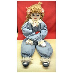 Hand Made Wood & Blue Clothes Fabric Doll by Artist Davie Burleigh Vintage ~29"